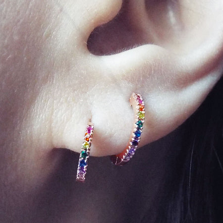 Rainbow Studded CZ Huggie Hoops - 20mm - Gold Hoop Earrings - Rainbow CZ Hoop - Gold Hoops - Gold Hoop - Silver Hoops - Rainbow - H1-HU-5320